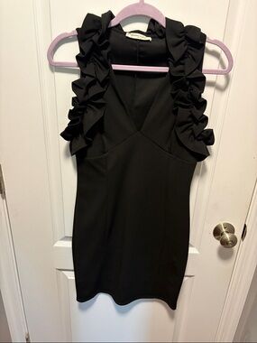 Newbury Kustom Black Ruffle-Shoulder V-Neck Mini Dress